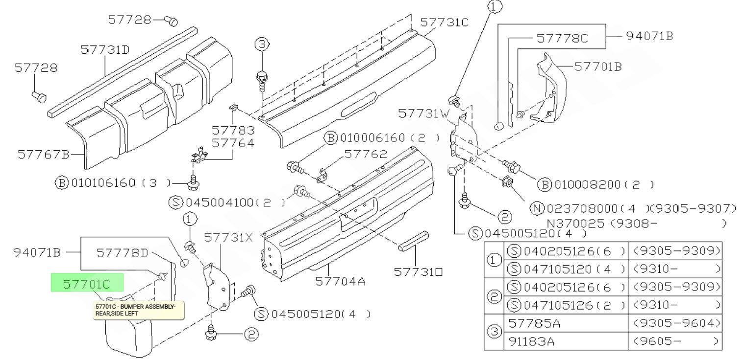 buttoir de pare chocs arriere gauche neuf subaru e wagon 1994-1998