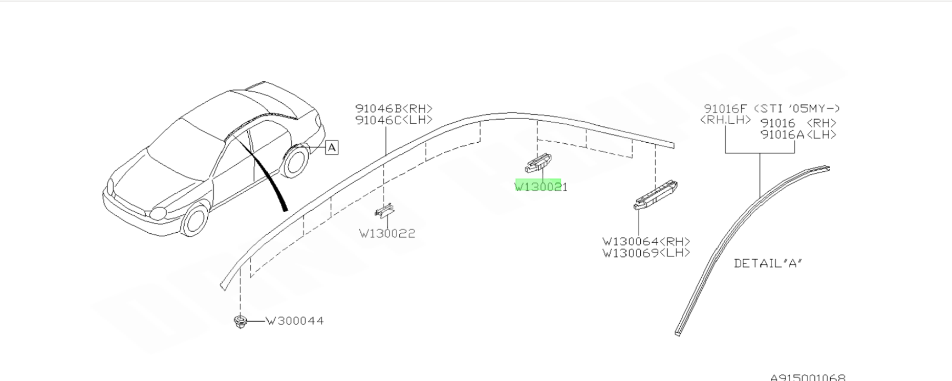 clips de bas de moulure de toit couleur jaune wrx et sti 2001-2007
